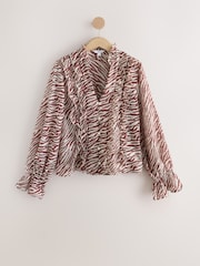 Chocolate/Ecru Zebra Print Ruffle Detail Long Sleeve Blouse - Image 5 of 8