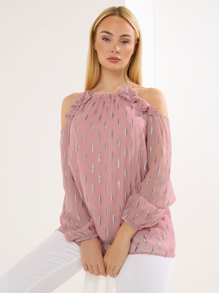 Star by Julien MacDonald Pink Cold Shoulder Metallic Top - Image 1 of 5 Star by Julien MacDonald Pink Cold Shoulder Metallic Top - Image 1 of 5