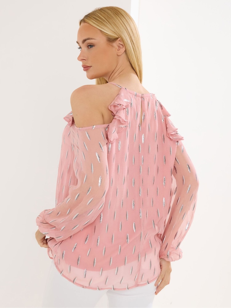Star by Julien MacDonald Pink Cold Shoulder Metallic Top - Image 2 of 5 Star by Julien MacDonald Pink Cold Shoulder Metallic Top - Image 2 of 5