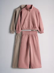 The Set 2 Pack Cropped Funnel Neck Zip Throughs Sweat Top and Wide Leg Joggers Set Pink/Brown - Image 1 of 7