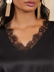 Love & Roses Black Satin Lace Trim Midi Dress - Image 2 of 4