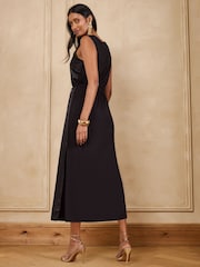 Love & Roses Black Satin Lace Trim Midi Dress - Image 4 of 4