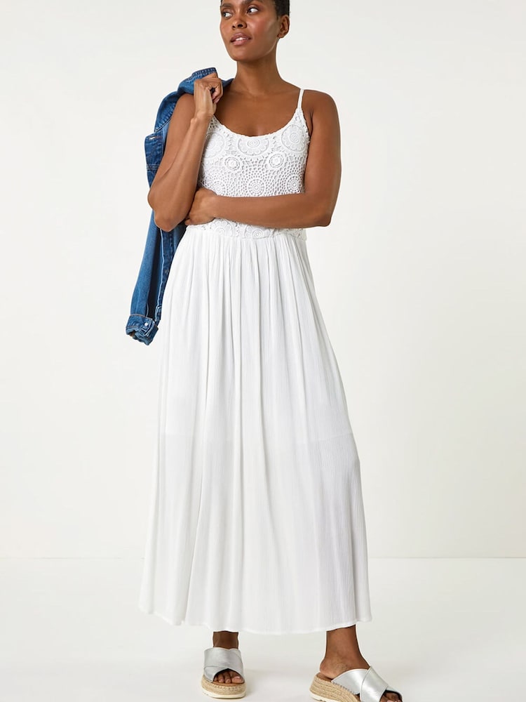 Roman White Lace Bodice Shirred Midi Dress - Image 1 of 5