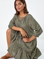Roman Green Cotton Broderie Tiered Smock Dress - Image 1 of 5