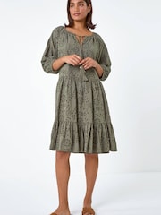 Roman Green Cotton Broderie Tiered Smock Dress - Image 2 of 5