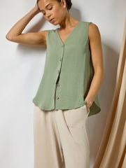 Roman Green Buttoned Sleeveless Blouse - Image 1 of 5