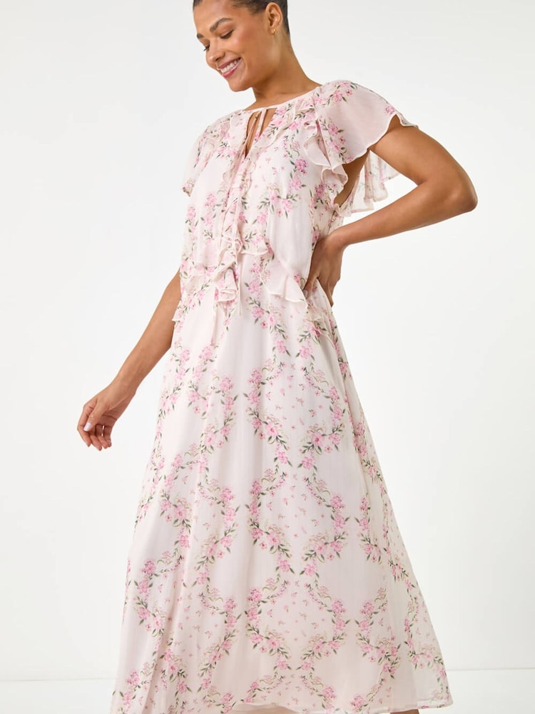 Roman Pink Floral Frill Flutter Sleeve Midi Dress - Image 1 of 5