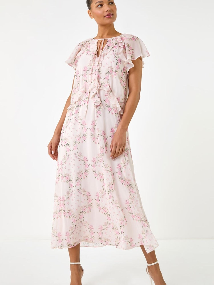 Roman Pink Floral Frill Flutter Sleeve Midi Dress - Image 2 of 5