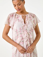 Roman Pink Floral Frill Flutter Sleeve Midi Dress - Image 4 of 5