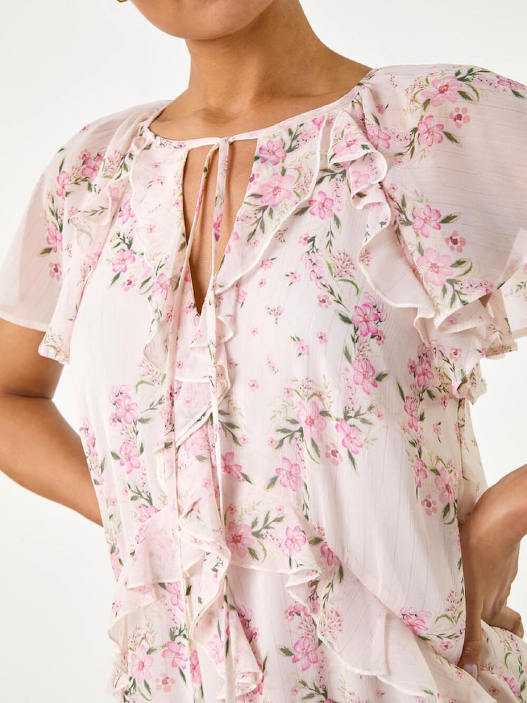 Roman Pink Floral Frill Flutter Sleeve Midi Dress - Image 5 of 5