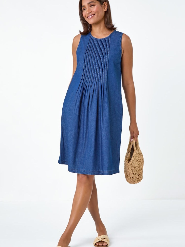 Roman Blue Denim Pintuck Detail Pocket Dress - Image 1 of 5