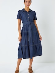 Roman Blue Denim Tiered Cotton Midi Dress - Image 2 of 5