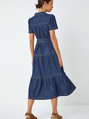 Roman Blue Denim Tiered Cotton Midi Dress - Image 3 of 5