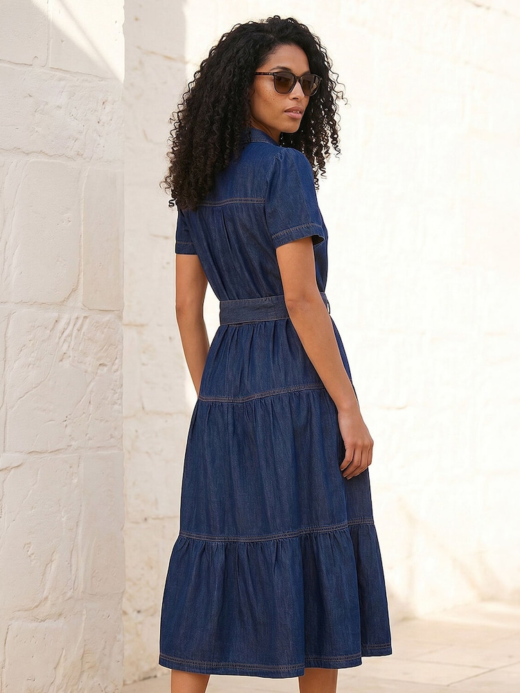 tiered denim dress Button Up Long Sleeve Mini 95% rayon APNY Women's Puff Sleeve Tiered