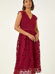 Roman Red Premium Crochet Lace Midi Dress - Image 1 of 5