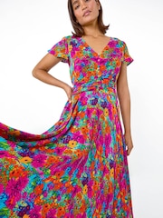 فستان متوسط الطول بخصر مكشكش وطبعة مورّدة من Roman - Image 1 of 5