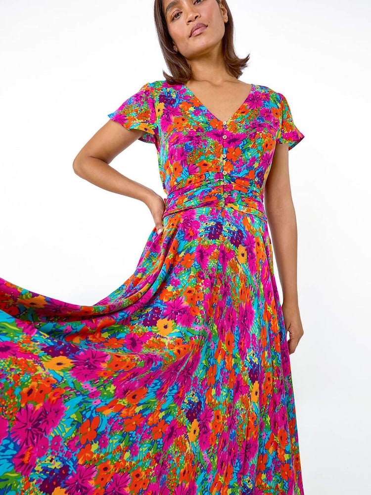 فستان متوسط الطول بخصر مكشكش وطبعة مورّدة من Roman - Image 1 of 5