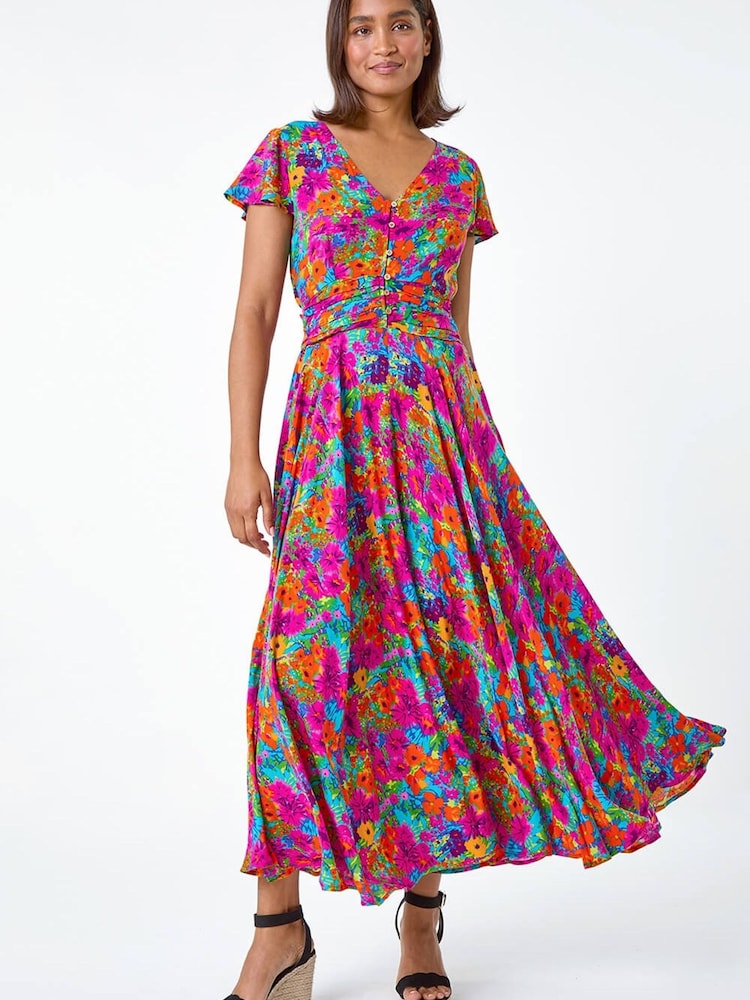 فستان متوسط الطول بخصر مكشكش وطبعة مورّدة من Roman - Image 2 of 5