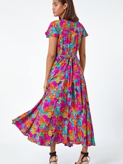 فستان متوسط الطول بخصر مكشكش وطبعة مورّدة من Roman - Image 3 of 5