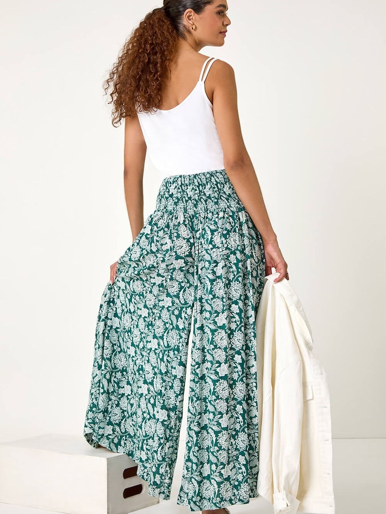 Roman Green Floral Leaf Shirred Palazzo Stretch Trousers - Image 1 of 5