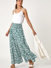 Roman Green Floral Leaf Shirred Palazzo Stretch Trousers - Image 2 of 5