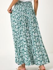 Roman Green Floral Leaf Shirred Palazzo Stretch Trousers - Image 3 of 5