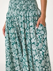 Roman Green Floral Leaf Shirred Palazzo Stretch Trousers - Image 5 of 5