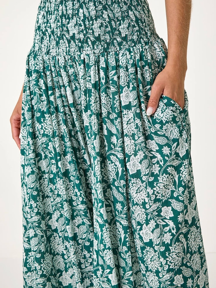 Roman Green Floral Leaf Shirred Palazzo Stretch Trousers - Image 5 of 5