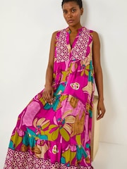 Roman Purple Boho Floral Print Smock Maxi Dress - Image 1 of 5