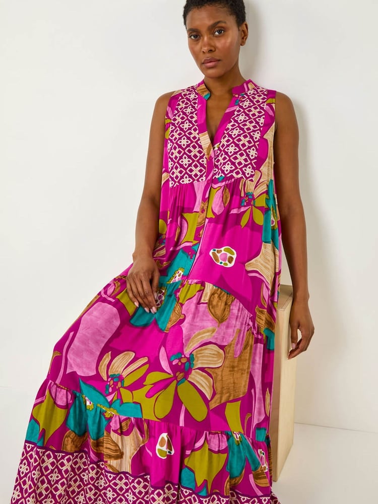 Roman Purple Boho Floral Print Smock Maxi Dress - Image 1 of 5