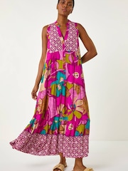 Roman Purple Boho Floral Print Smock Maxi Dress - Image 2 of 5