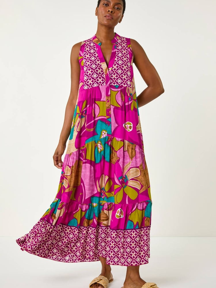 Roman Purple Boho Floral Print Smock Maxi Dress - Image 2 of 5