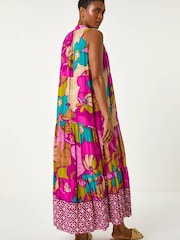 Roman Purple Boho Floral Print Smock Maxi Dress - Image 3 of 5