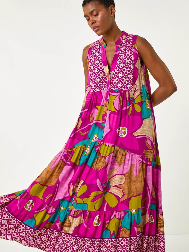 Roman Purple Boho Floral Print Smock Maxi Dress - Image 4 of 4 Roman Purple Boho Floral Print Smock Maxi Dress - Image 4 of 4