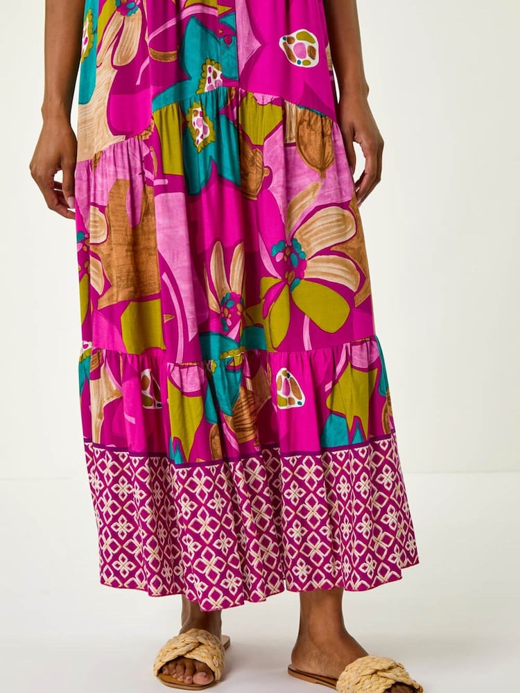 Roman Purple Boho Floral Print Smock Maxi Dress - Image 5 of 5