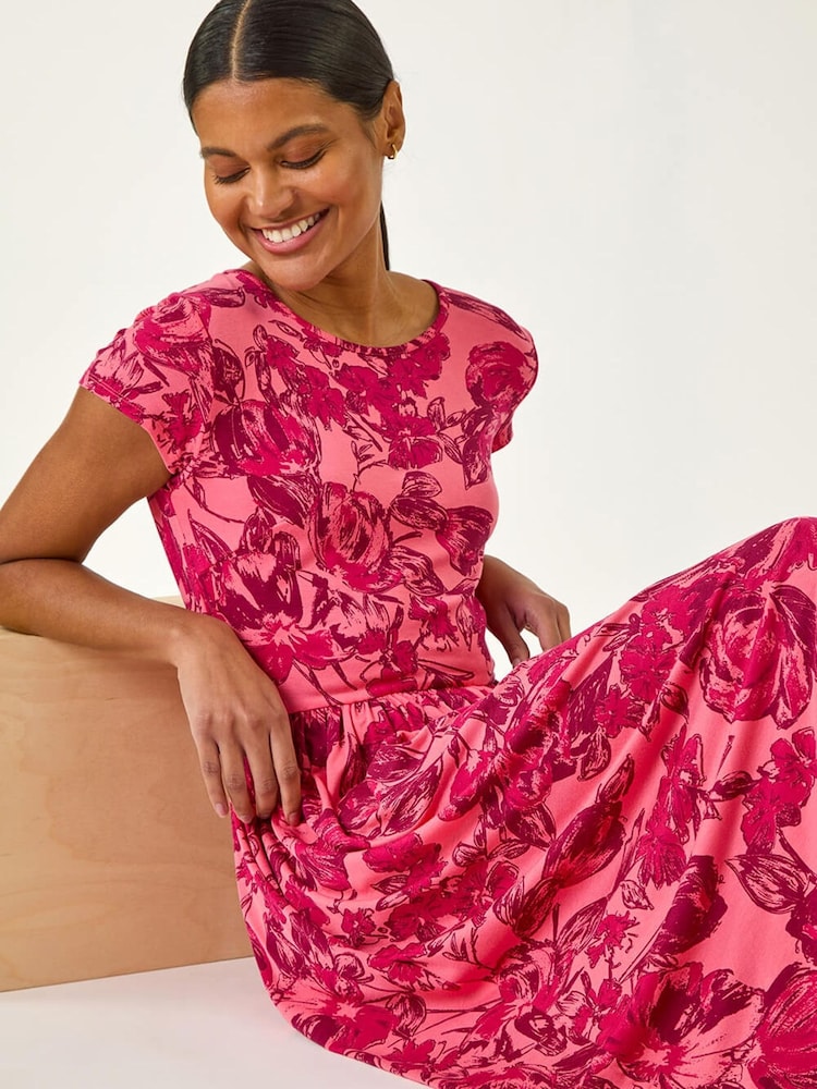 Roman Pink Floral Print Pocket Midi Dress - Image 1 of 5
