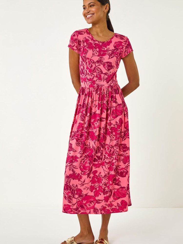 Roman Pink Floral Print Pocket Midi Dress - Image 2 of 5