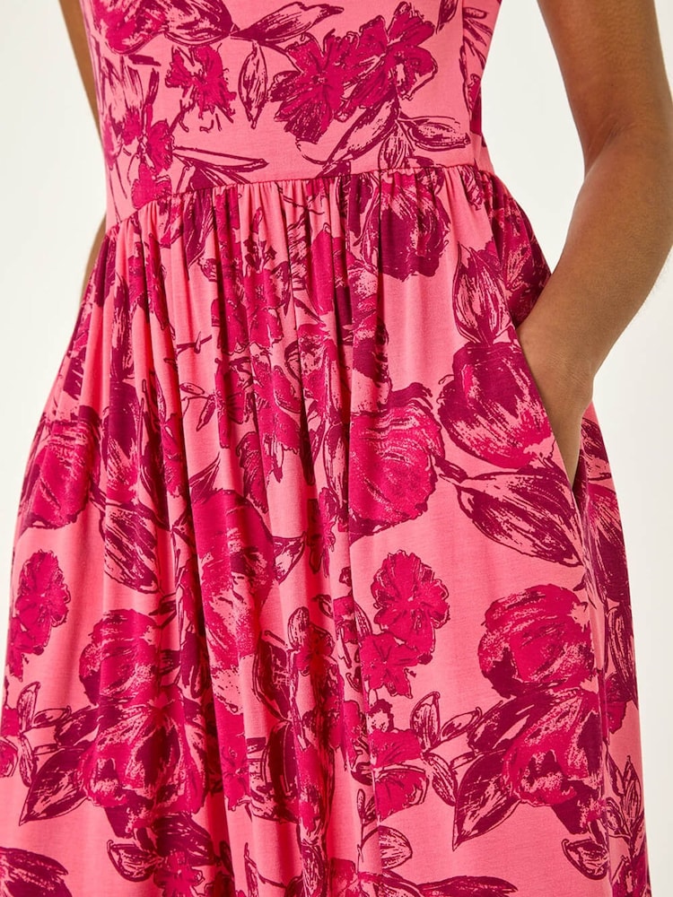 Roman Pink Floral Print Pocket Midi Dress - Image 5 of 5