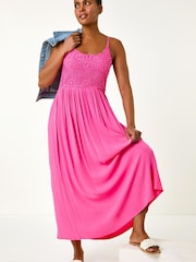 Roman Pink Lace Bodice Shirred Midi Dress - Image 1 of 5