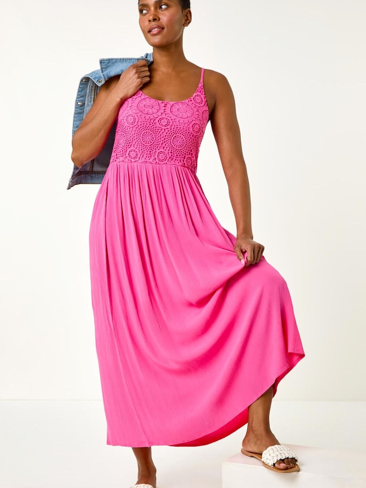 Roman Pink Lace Bodice Shirred Midi Dress - Image 1 of 5