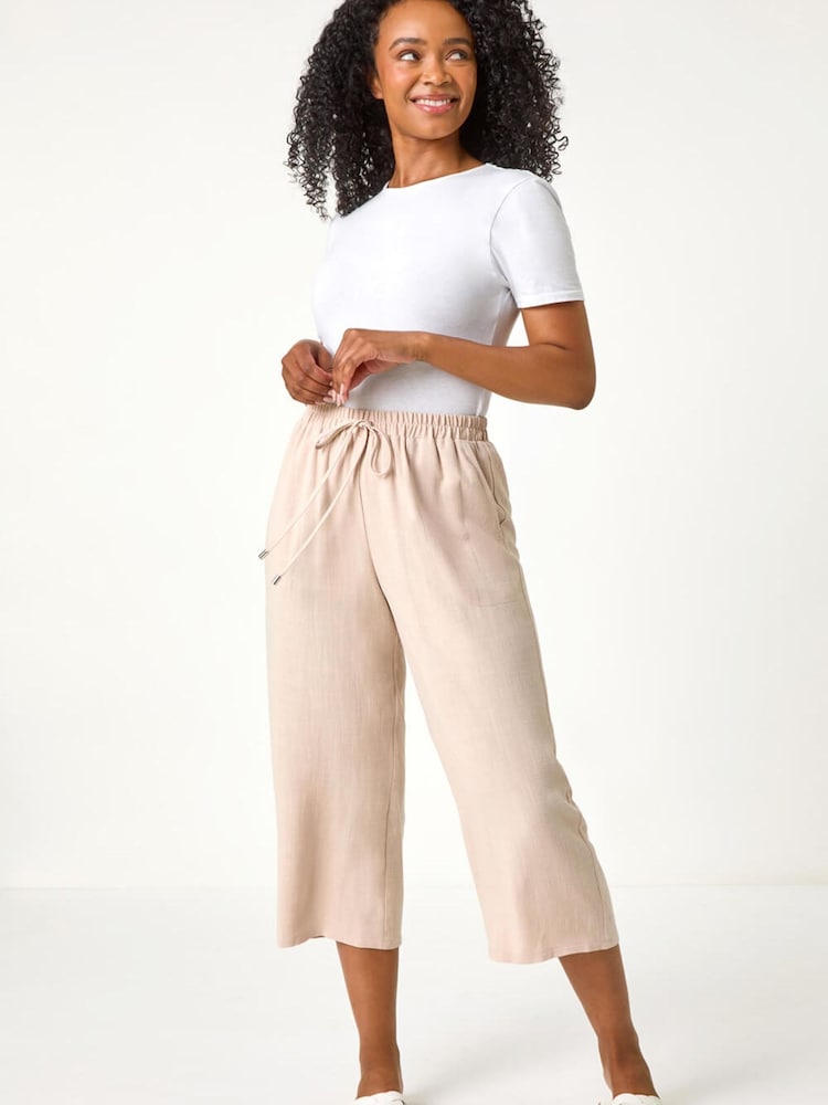 Roman Natural Linen Mix Wide Cropped Trousers - Image 2 of 5 Roman Natural Linen Mix Wide Cropped Trousers - Image 2 of 5