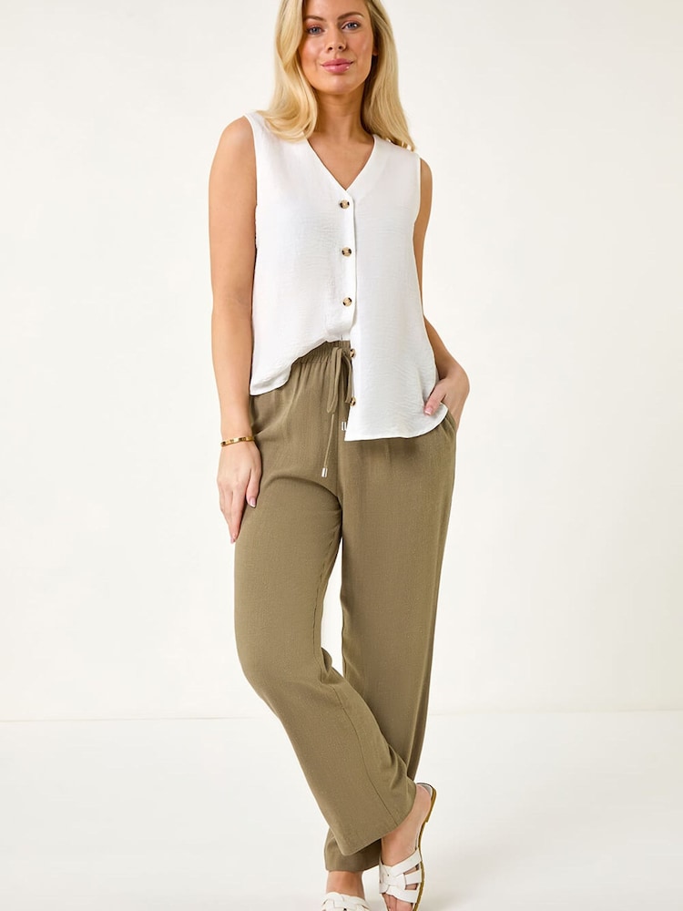 Roman Khaki Green Linen Mix Tie Waist Trousers - Image 2 of 5