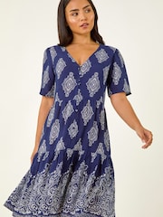 Roman Blue Petite Border Print Tiered Dress - Image 1 of 5