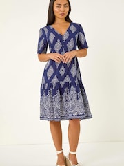 Roman Blue Petite Border Print Tiered Dress - Image 2 of 5