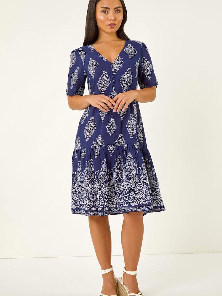 Roman Blue Petite Border Print Tiered Dress - Image 2 of 5
