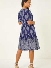 Roman Blue Petite Border Print Tiered Dress - Image 3 of 5