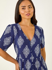 Roman Blue Petite Border Print Tiered Dress - Image 4 of 5