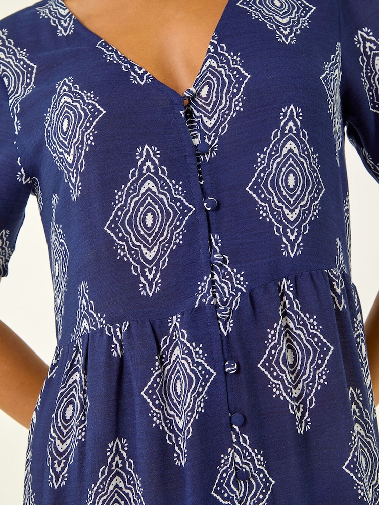 Roman Blue Petite Border Print Tiered Dress - Image 5 of 5