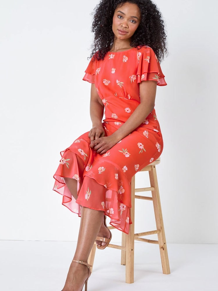 Roman Orange Petite Floral Frill Tiered Midi Dress - Image 1 of 5 Roman Orange Petite Floral Frill Tiered Midi Dress - Image 1 of 5