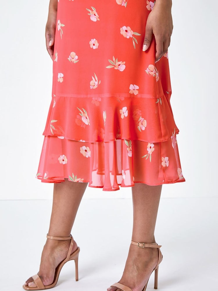 Roman Orange Petite Floral Frill Tiered Midi Dress - Image 6 of 6 Roman Orange Petite Floral Frill Tiered Midi Dress - Image 6 of 6